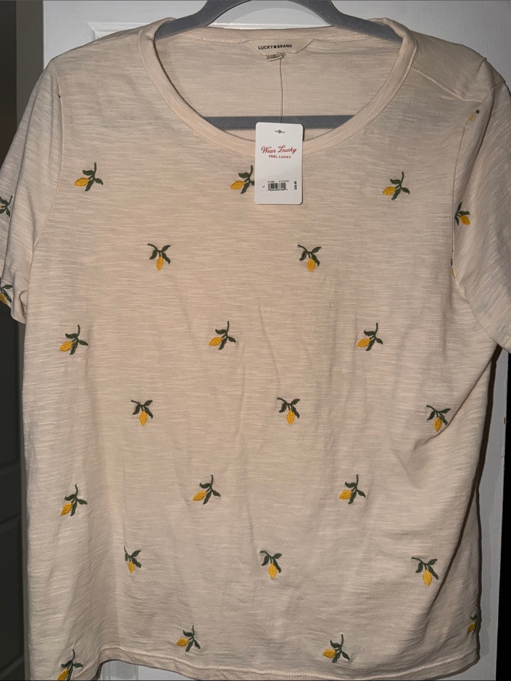 Lucky Brand Cream Short-Sleeve Tee with Yellow Lemon Embroidery